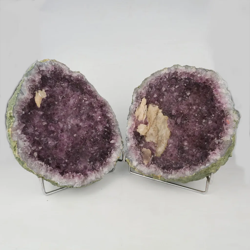 Amethyst Sparkling Crystals with Calcite Geode in two Halfs Natural Mineral Specimen image