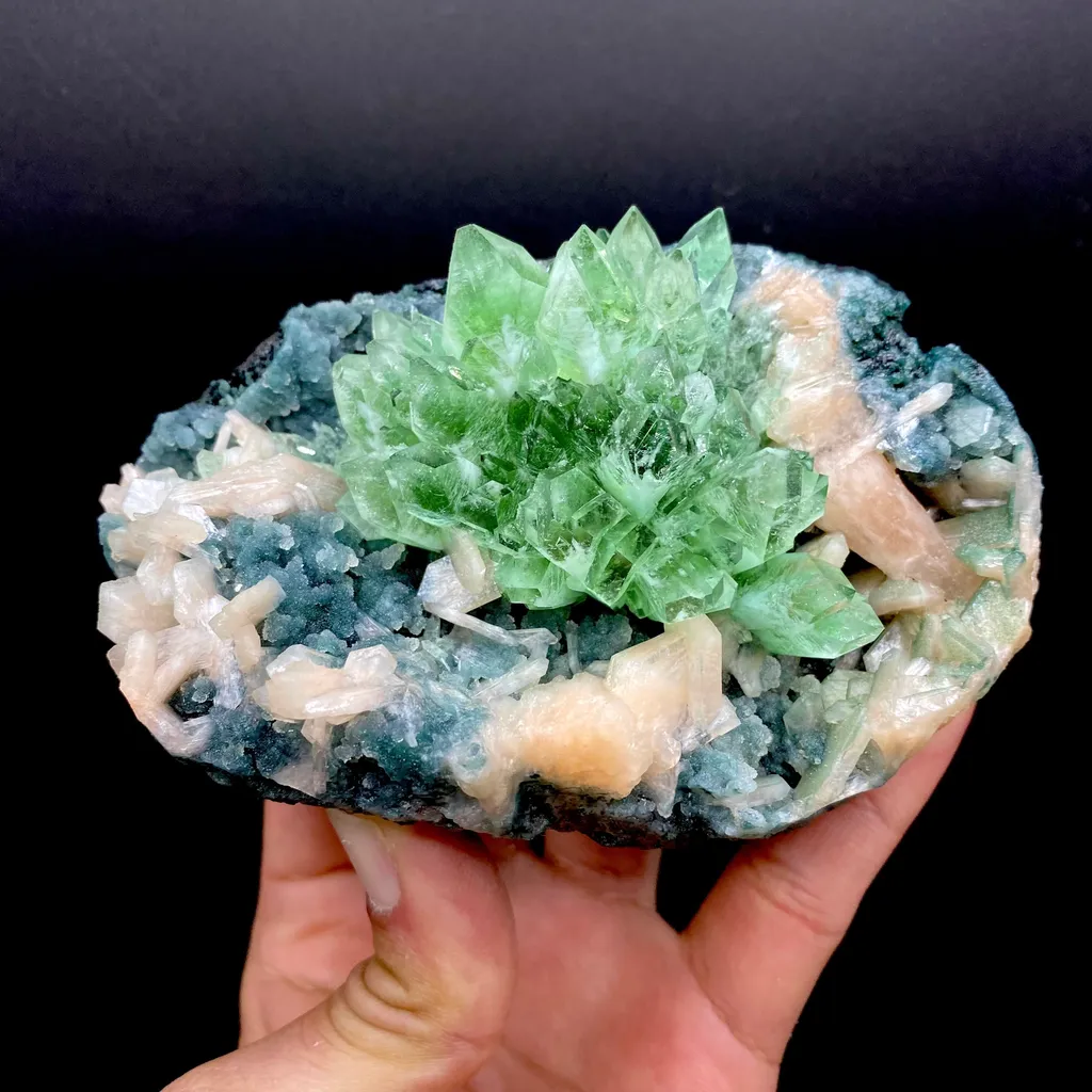 Apophyllite Green Flower on Chalcedony Natural Mineral Specimen image