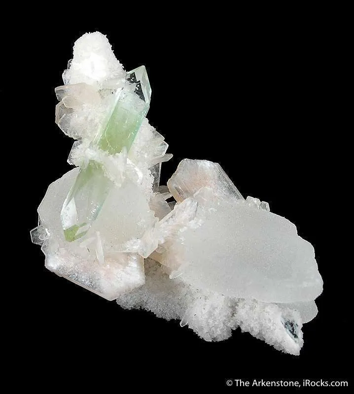 Apophyllite Impaled on Stilbite, on Quartz Pseudomorphs After Calcite image