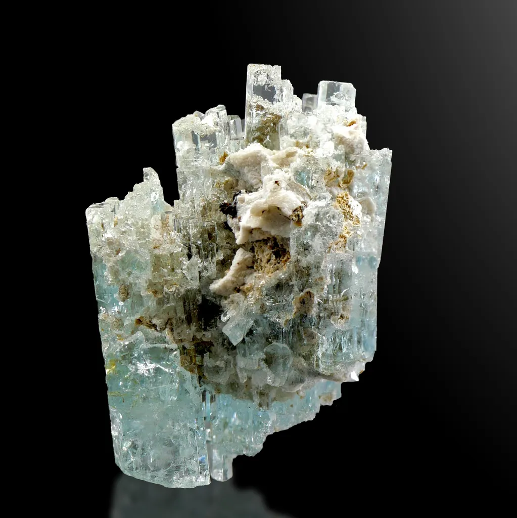Aquamarine (Beryl) from Erongo, Namibia. Highly aesthetic, sky-blue, Aquamarine crystals showing sharp vertical high vitreous luster. image