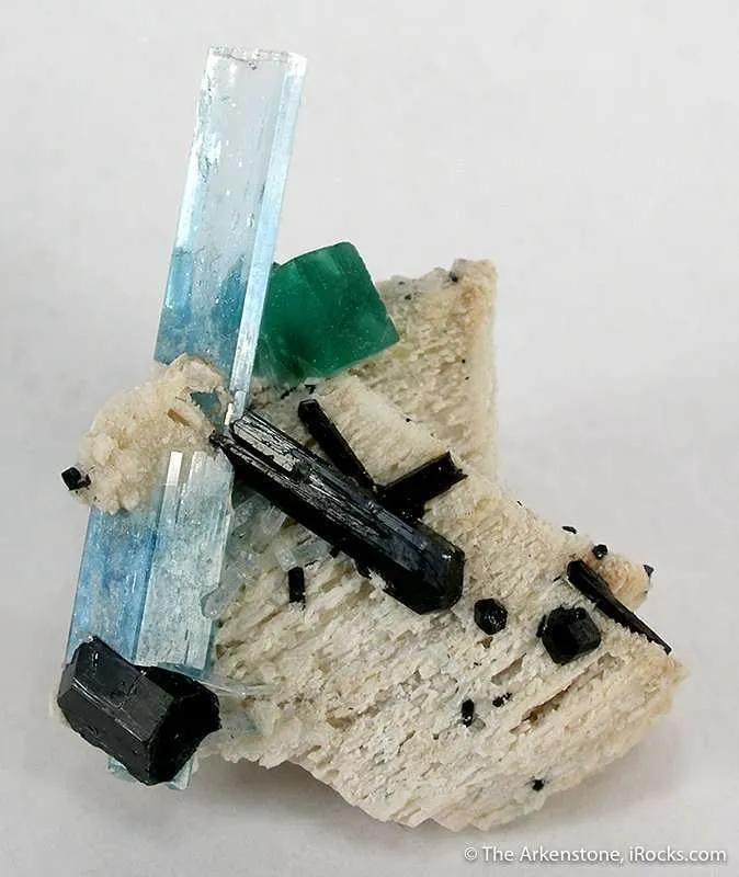 Aquamarine With Schorl and Fluorite on Feldspar image