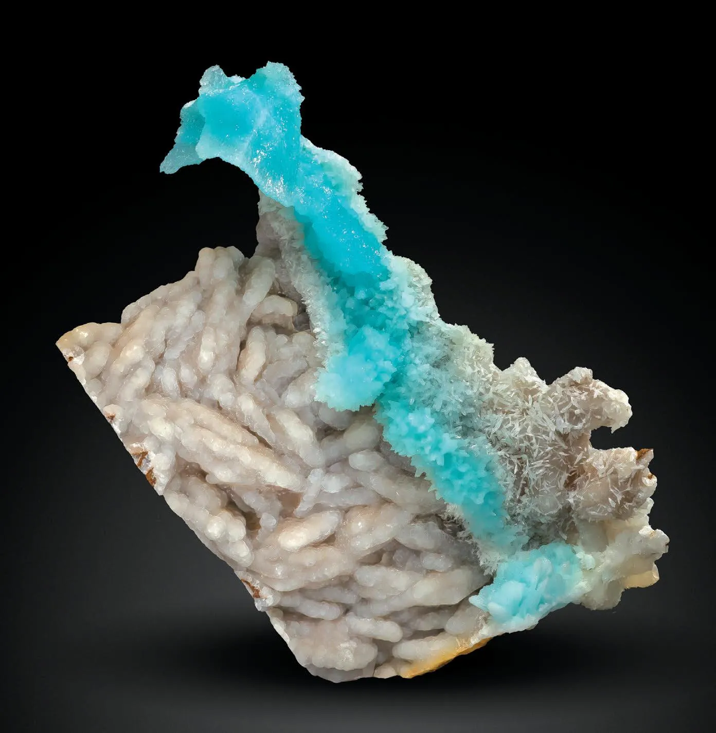 Aragonite (Copper-rich) on Quartz pseudomorphs after Barite blades - image 1