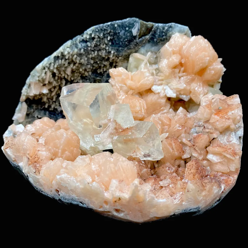 Awesomely Terminated Gemmy Calcite with Bright Orange Stilbite on Black Chalcedony – Rare Indian Zeolite Specimen | Jalgaon, India DK111 - image 3