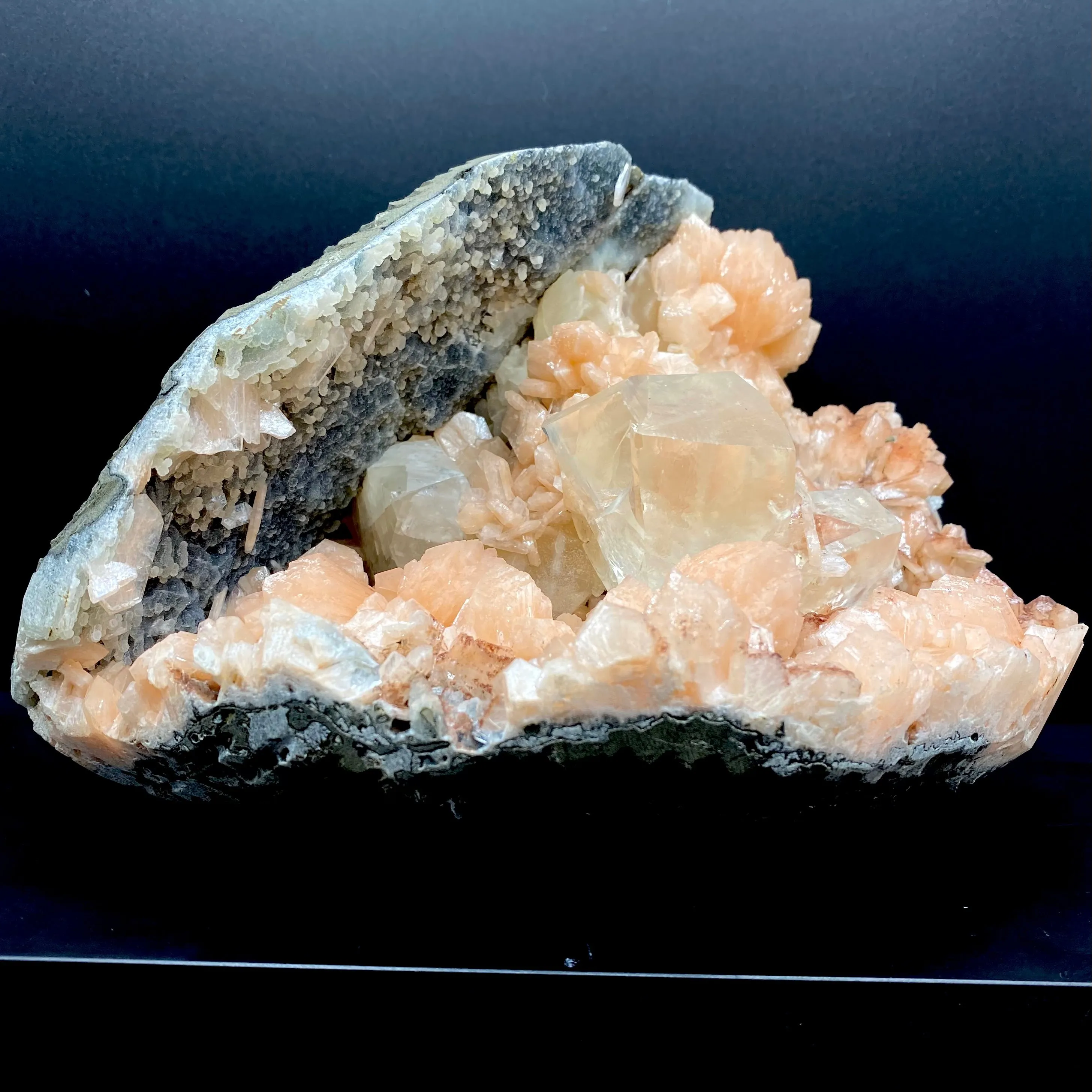Awesomely Terminated Gemmy Calcite with Bright Orange Stilbite on Black Chalcedony – Rare Indian Zeolite Specimen | Jalgaon, India DK111 - image 2