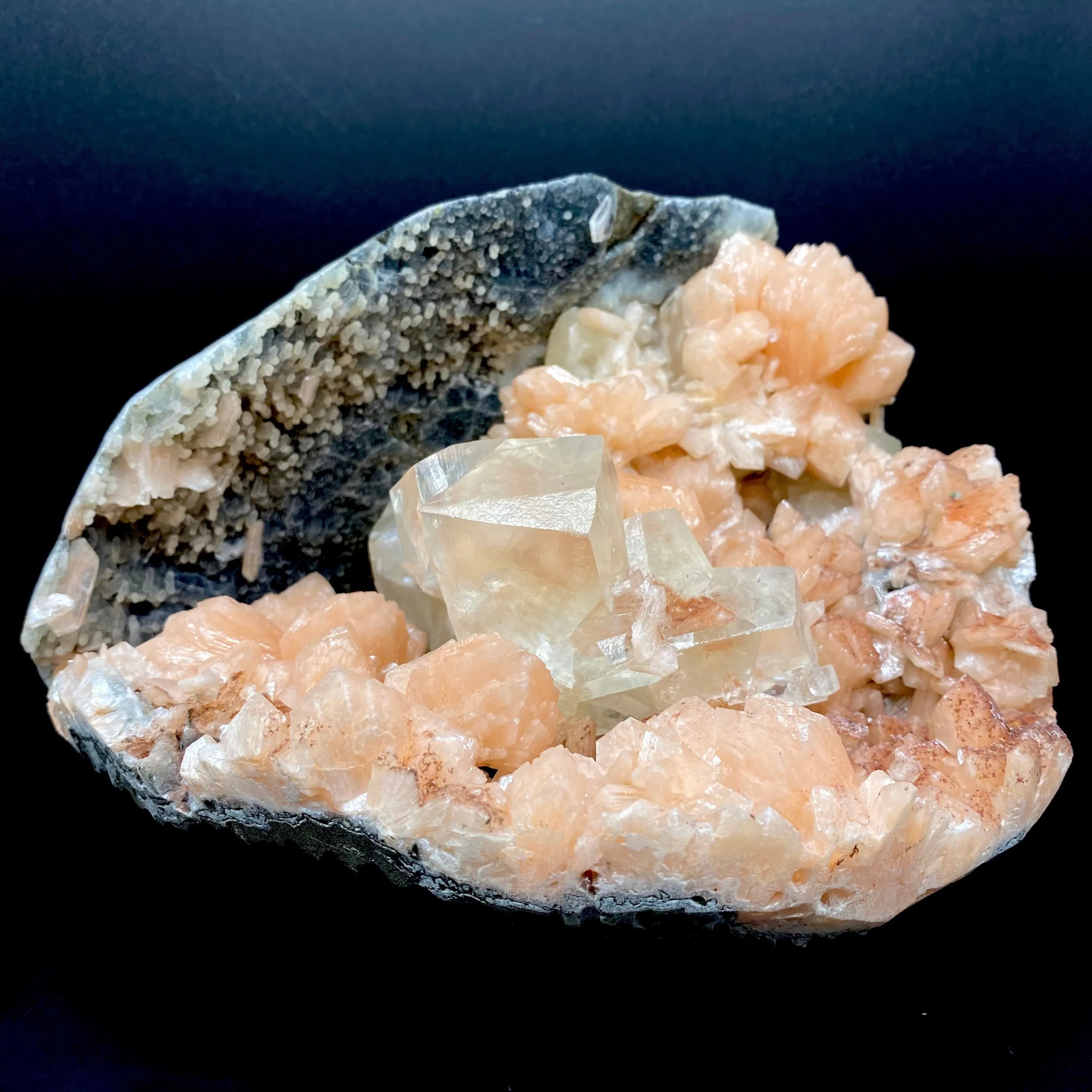 Awesomely Terminated Gemmy Calcite with Bright Orange Stilbite on Black Chalcedony – Rare Indian Zeolite Specimen | Jalgaon, India DK111 - image 1