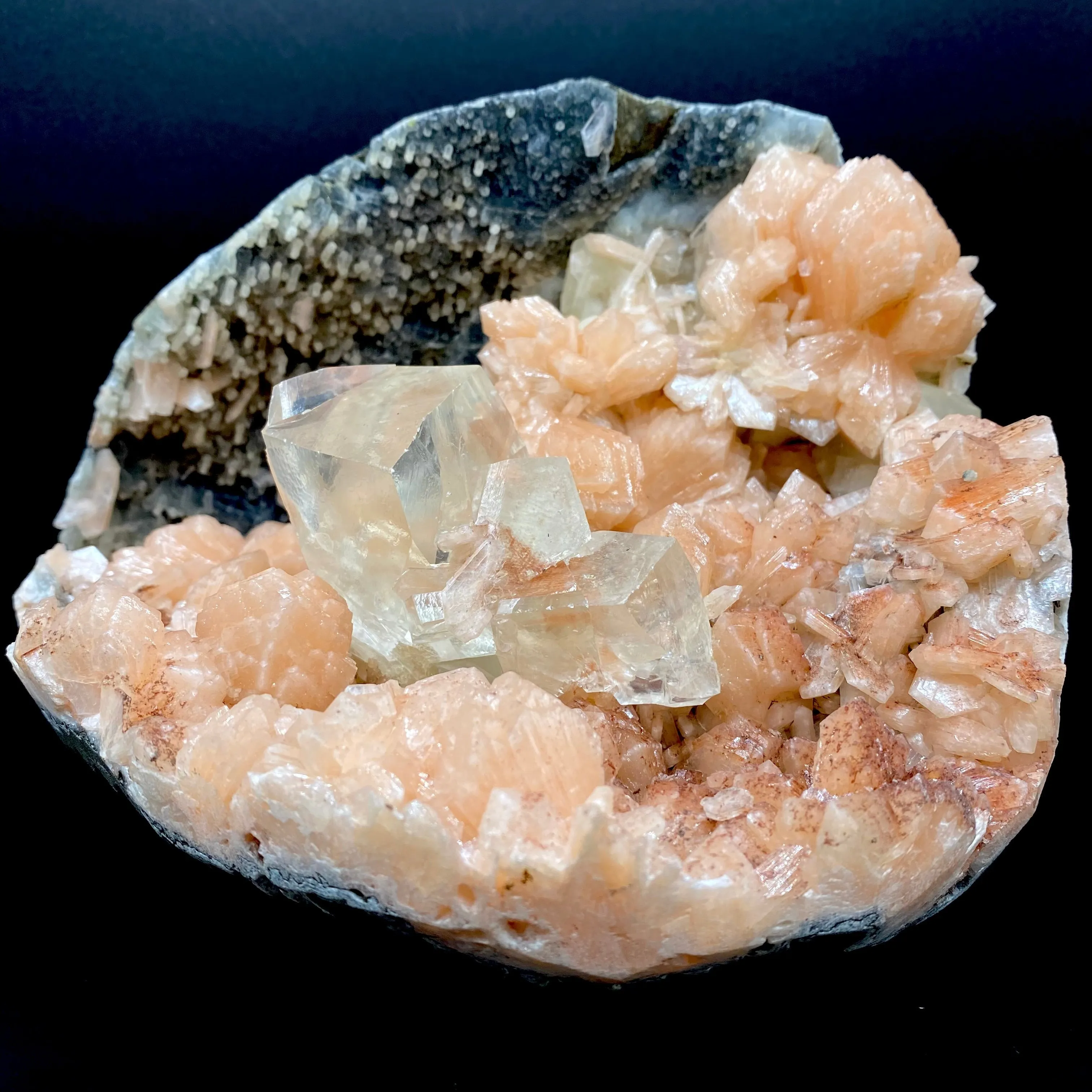 Awesomely Terminated Gemmy Calcite with Bright Orange Stilbite on Black Chalcedony – Rare Indian Zeolite Specimen | Jalgaon, India DK111 - image 3