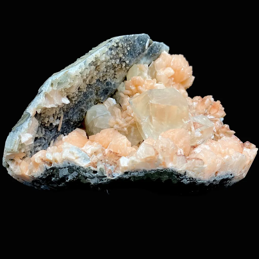 Awesomely Terminated Gemmy Calcite with Bright Orange Stilbite on Black Chalcedony – Rare Indian Zeolite Specimen | Jalgaon, India DK111 - image 2