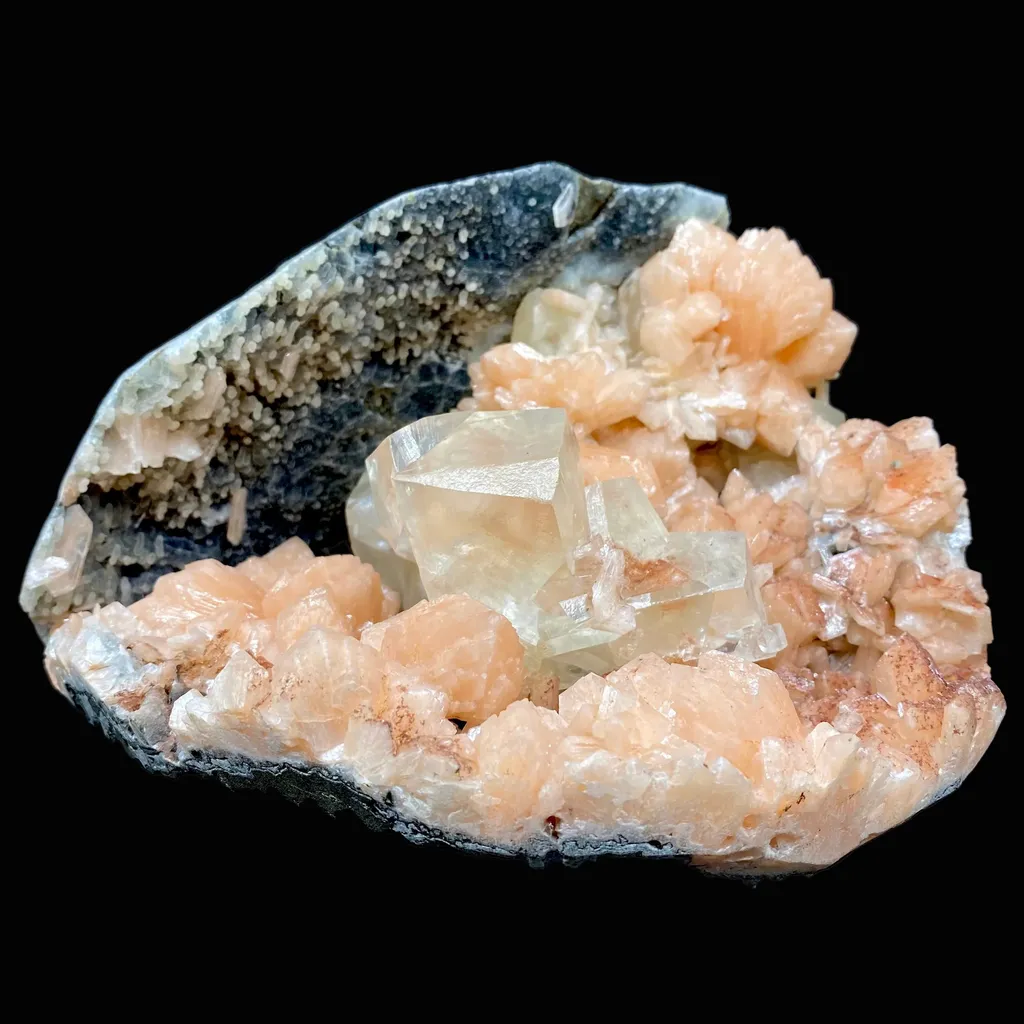 Awesomely Terminated Gemmy Calcite with Bright Orange Stilbite on Black Chalcedony – Rare Indian Zeolite Specimen | Jalgaon, India DK111 image