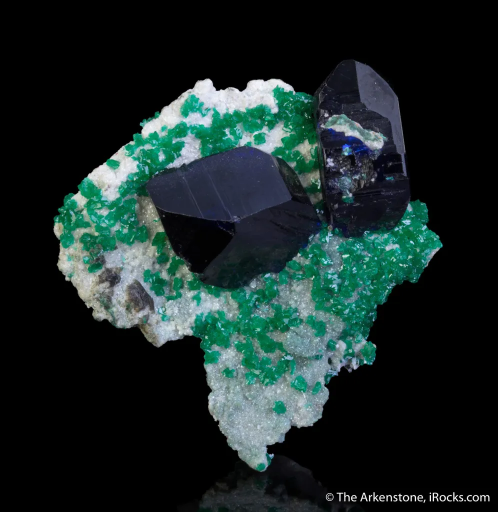 Azurite and Tsumebite (TL), on Smithsonite (illustrated) image