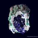 Azurite on Chalcoalumite on Malachite - image 4