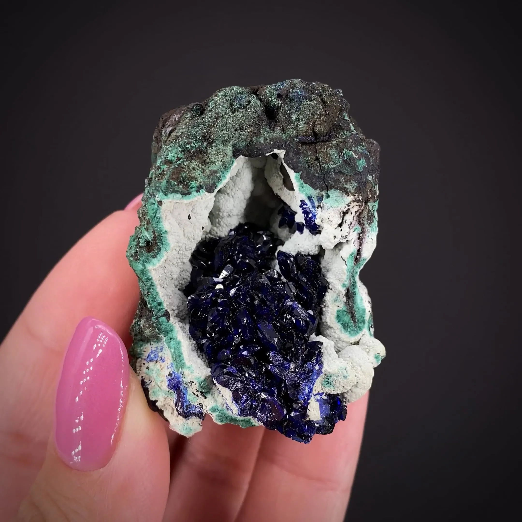 Azurite on Chalcoalumite on Malachite - image 2