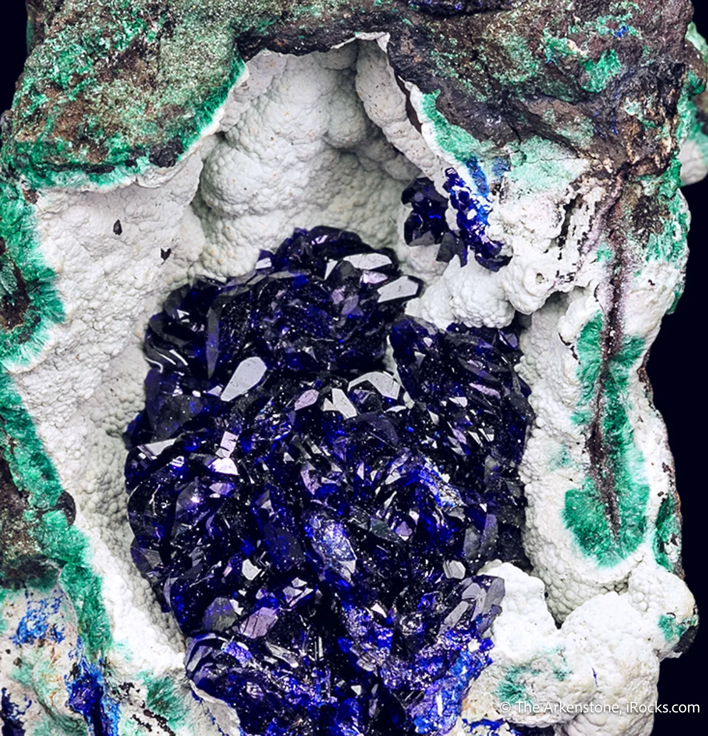 Azurite on Chalcoalumite on Malachite - image 1