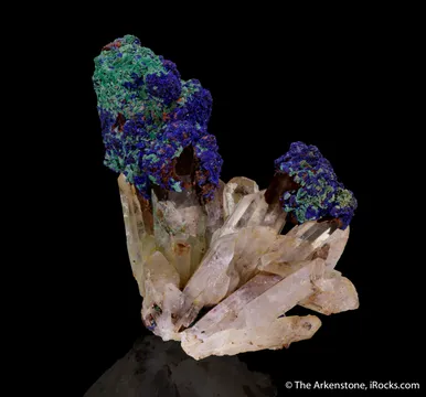 Azurite, with Malachite and Goethite, on Quartz