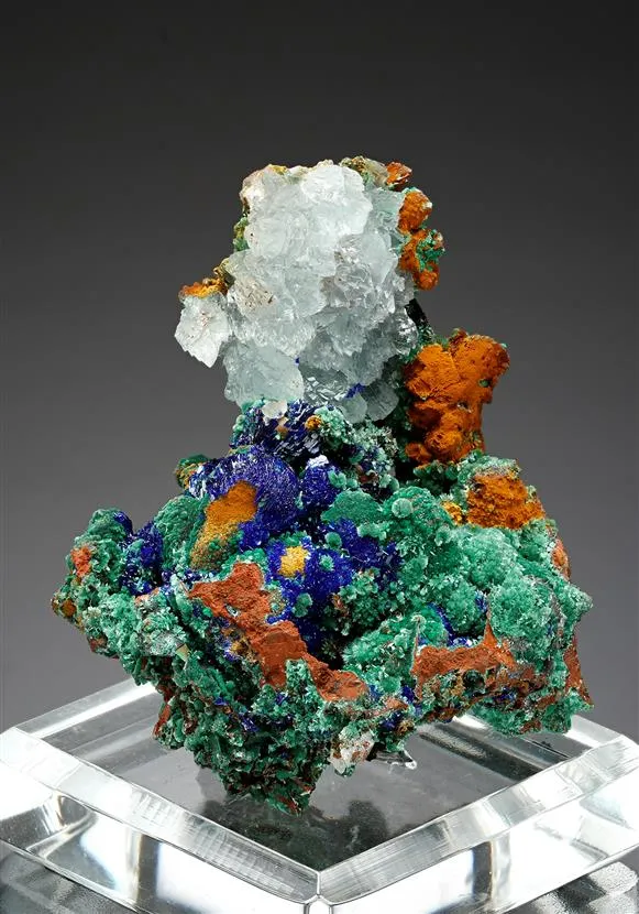 Azurite with Malachite Zincolivenite and Calcite image