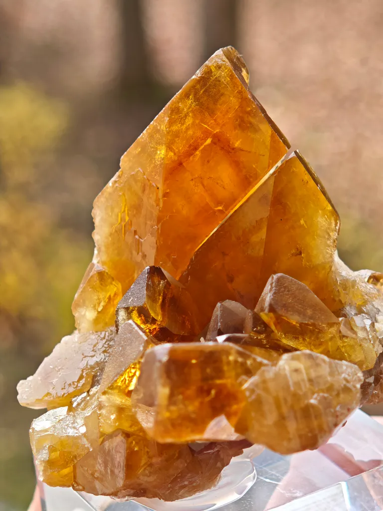 Barite from Pöhla, Germany. Beautiful cluster of lustrous and translucent of top amber colored barite crystal with phantoms - image 7
