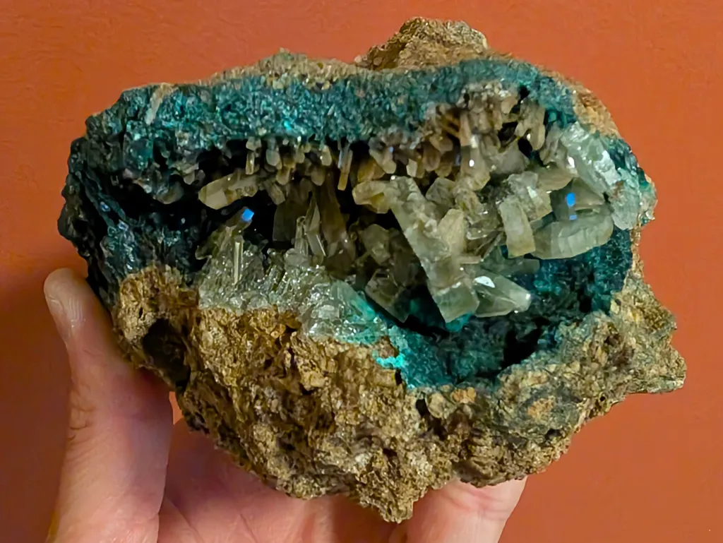 Barite with Malachite and Dioptase; DR Congo,  Shangulowé Mine image