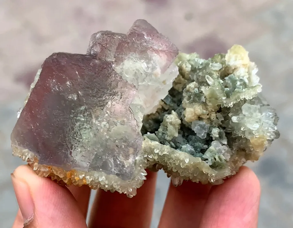 Beautiful prismatic bi-color zoning Fluorite specimen with sparkling tiny quartz clusters - image 5