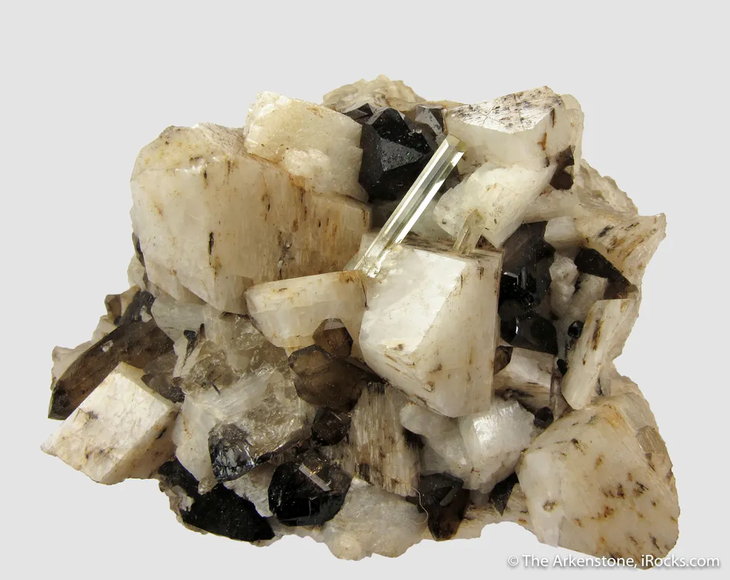 Beryl var. Aquamarine on K Feldspar (fl), Albite (fl) and Smoky Quartz image
