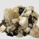 Beryl var. Aquamarine on K Feldspar (fl), Albite (fl) and Smoky Quartz - image 1