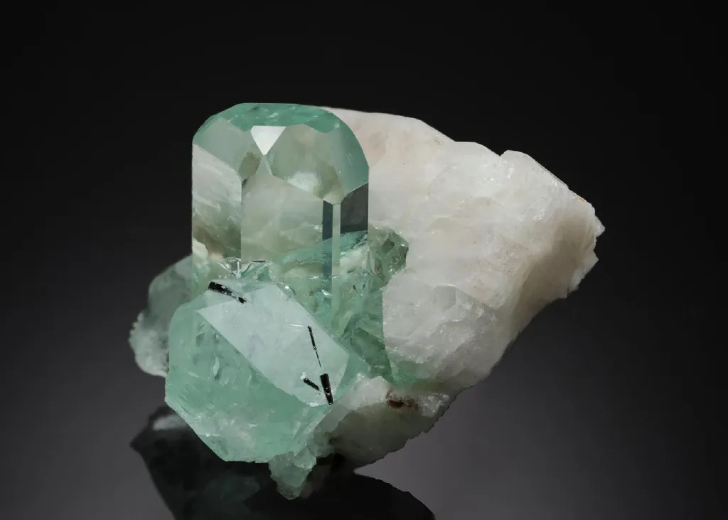 Beryl var. Aquamarine with Muscovite and Tourmaline on Feldspar