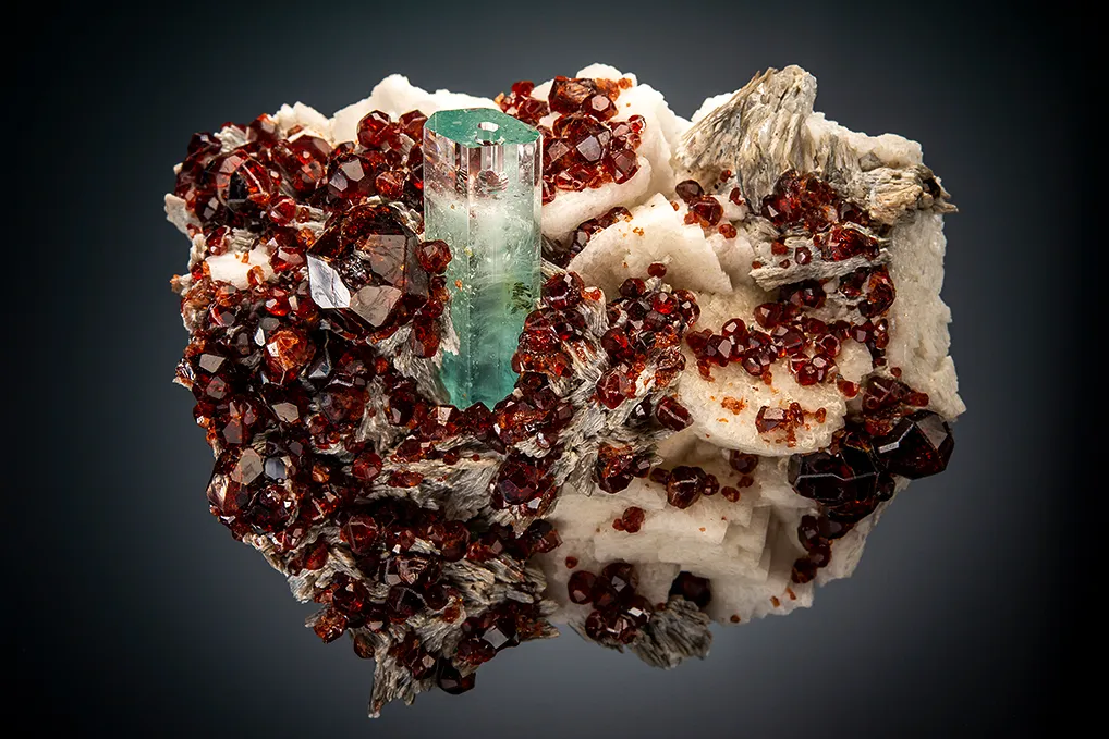 Beryl var. Aquamarine with Spessartine on Microcline and Muscovite image