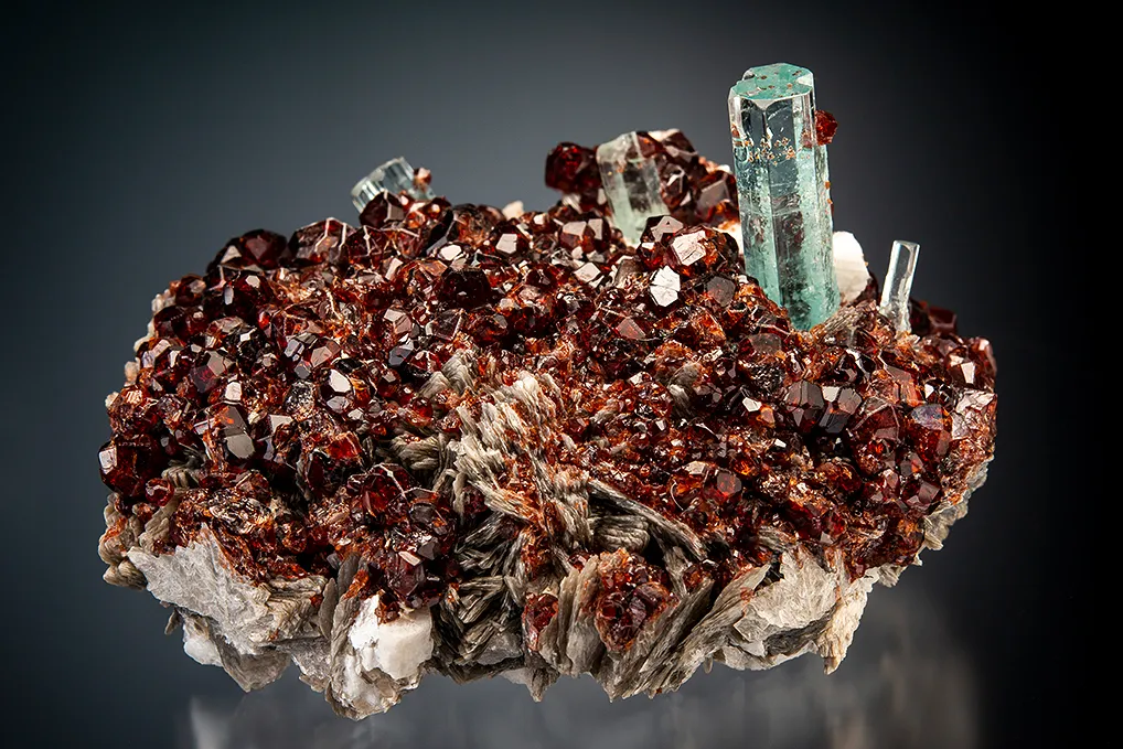 Beryl var. Aquamarine with Spessartine on Microcline and Muscovite image