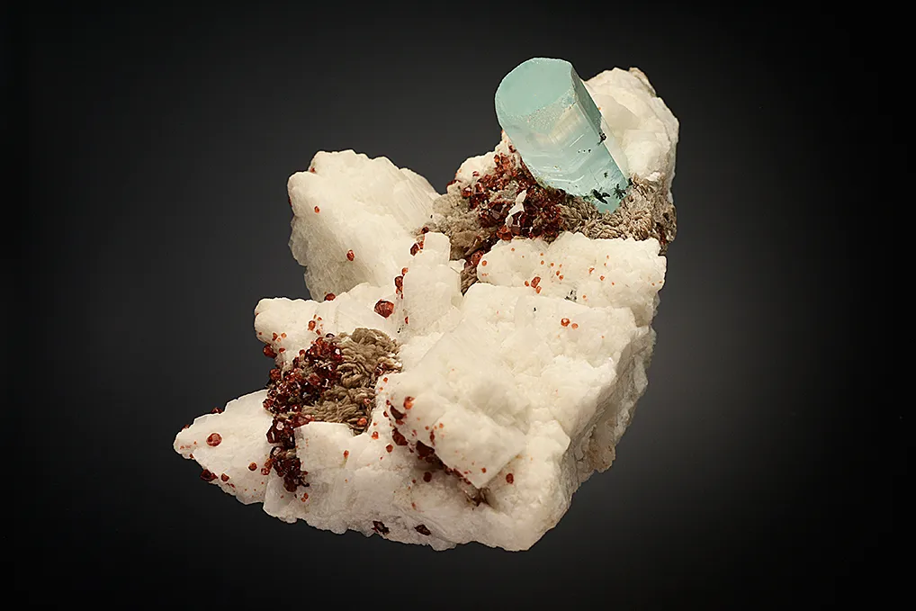 Beryl var. Aquamarine with Spessartine on Microcline and Muscovite - image 5