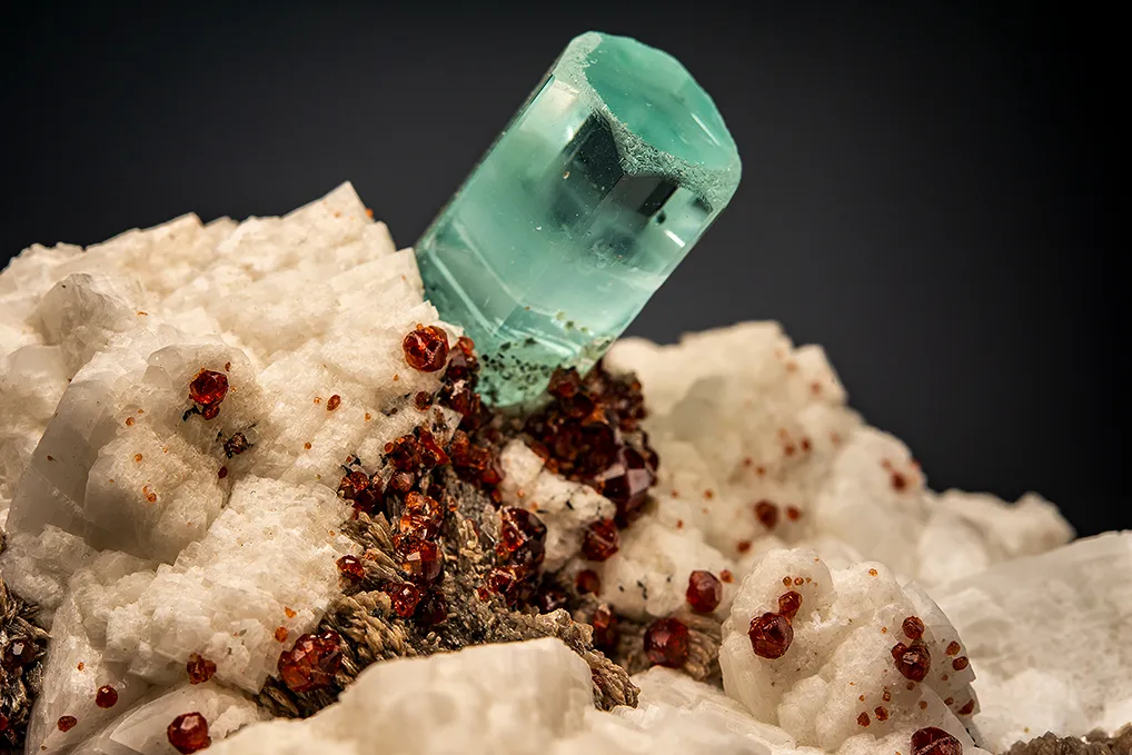 Beryl var. Aquamarine with Spessartine on Microcline and Muscovite - image 2