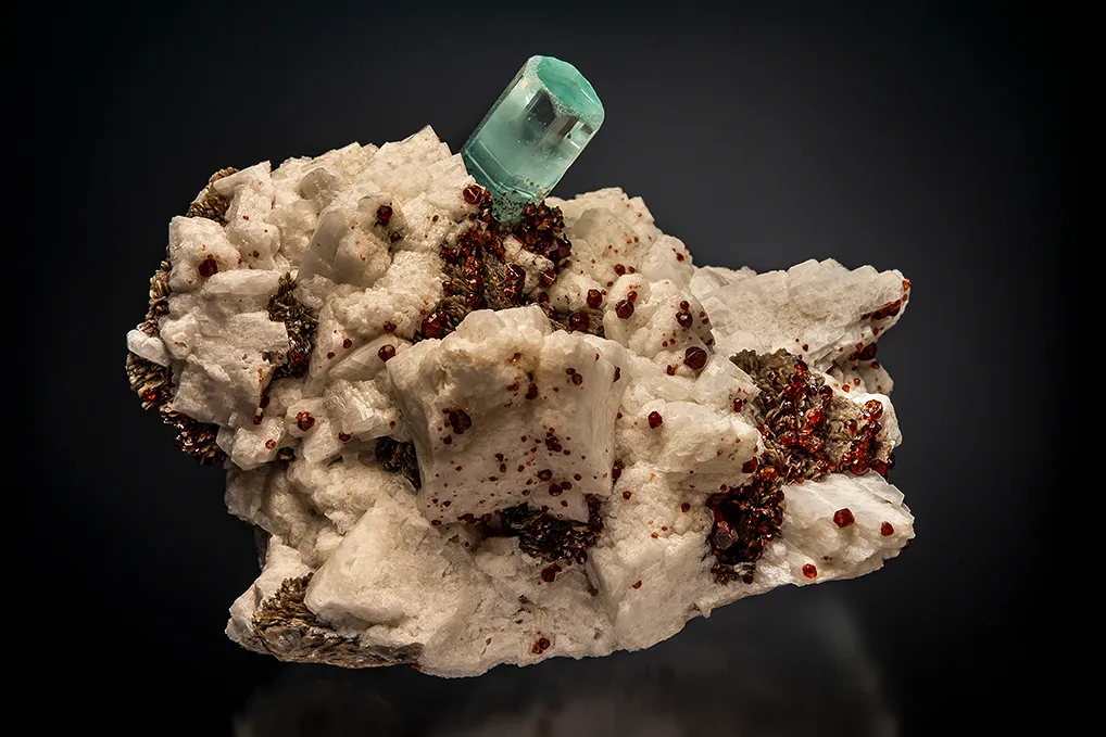 Beryl var. Aquamarine with Spessartine on Microcline and Muscovite image