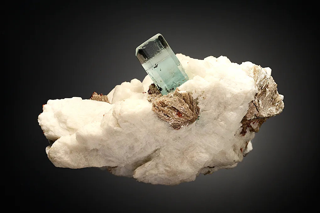 Beryl var. Aquamarine with Spessartine on Microcline and Muscovite - image 3