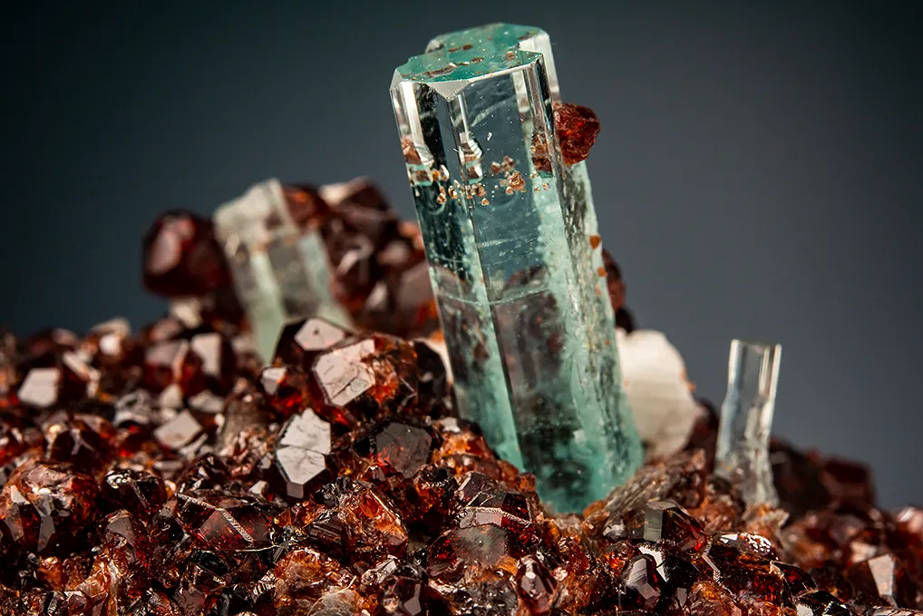 Beryl var. Aquamarine with Spessartine on Microcline and Muscovite - image 2