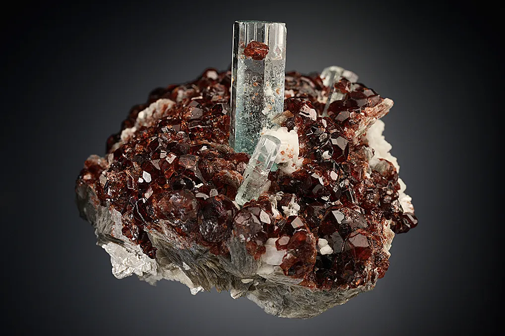 Beryl var. Aquamarine with Spessartine on Microcline and Muscovite - image 3