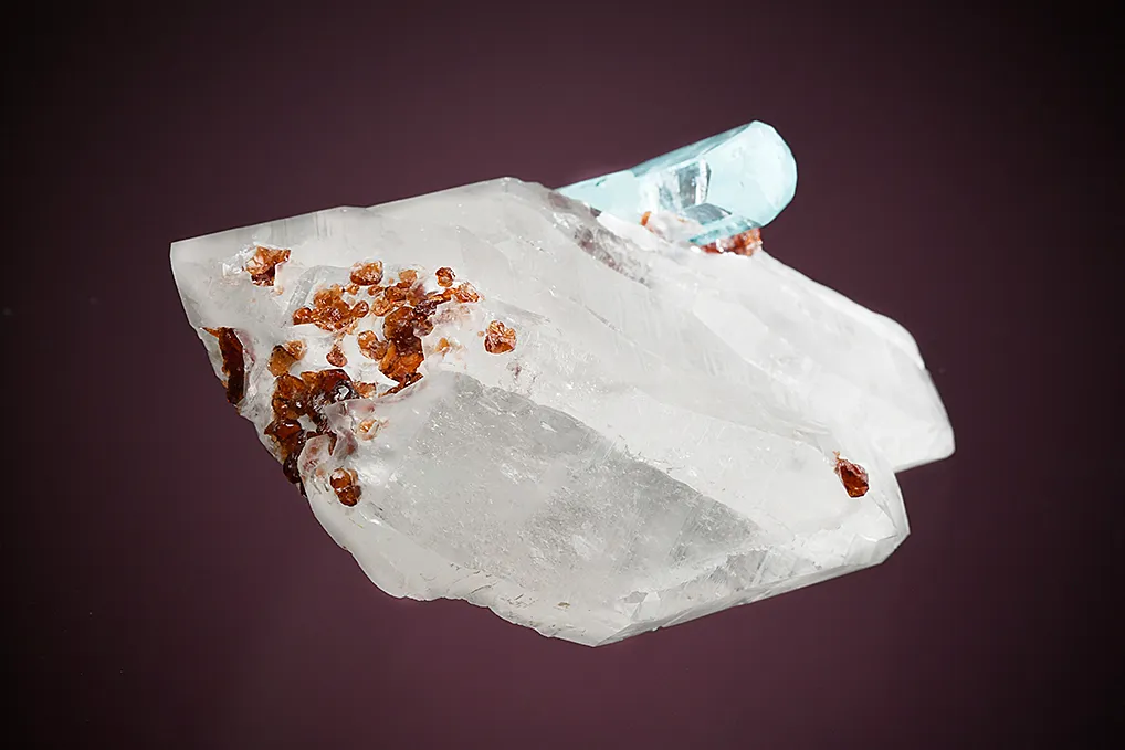 Beryl var. Aquamarine with Spessartine on Quartz - image 4