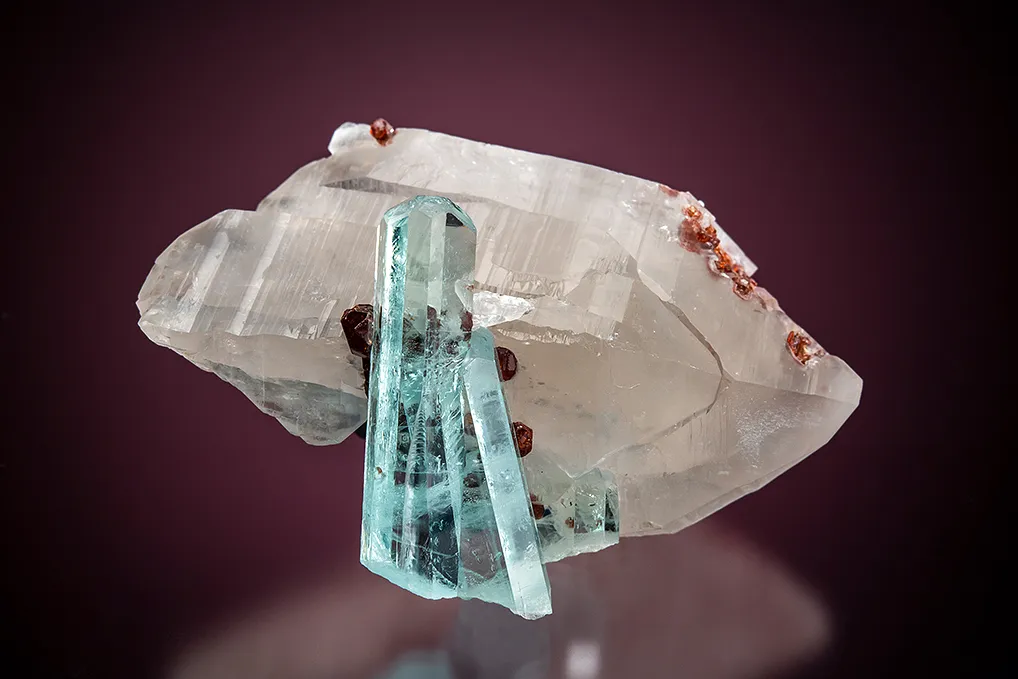 Beryl var. Aquamarine with Spessartine on Quartz - image 2