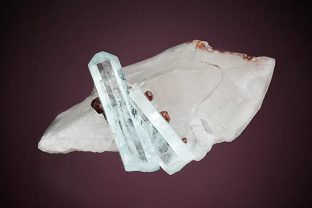 Beryl var. Aquamarine with Spessartine on Quartz - image 5