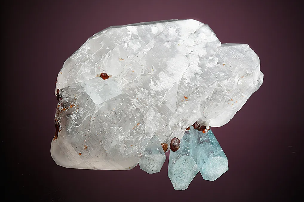 Beryl var. Aquamarine with Spessartine on Quartz - image 3