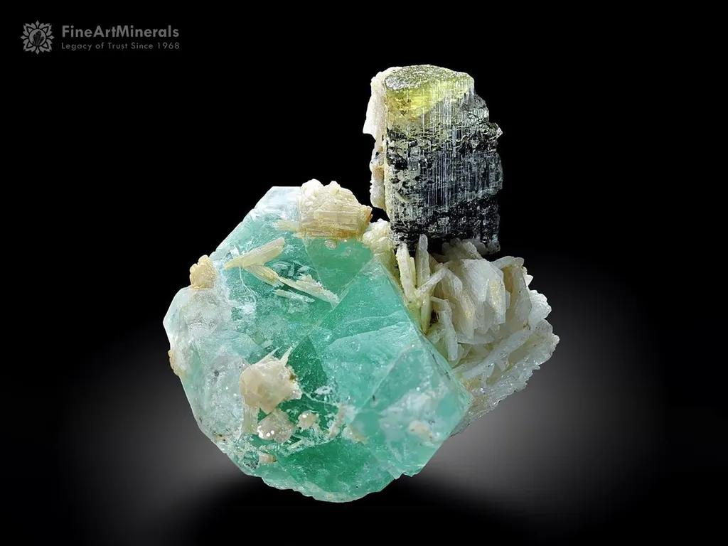 Bi Colour Tourmaline with Green Fluorite and Albite from Stak Nala Pakistan image