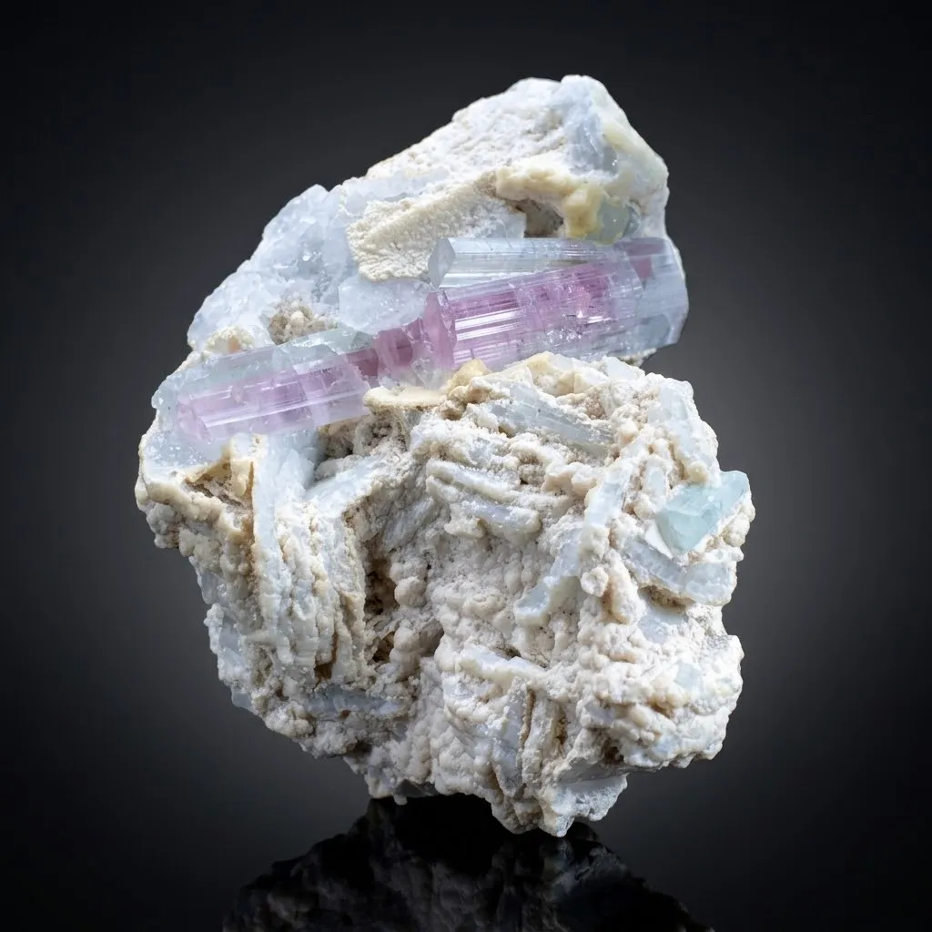 Bicolor Blue-Pink Tourmaline Crystals on Albite from Afghanistan image
