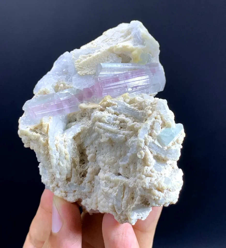 Bicolor Blue-Pink Tourmaline Crystals on Albite from Afghanistan - image 2