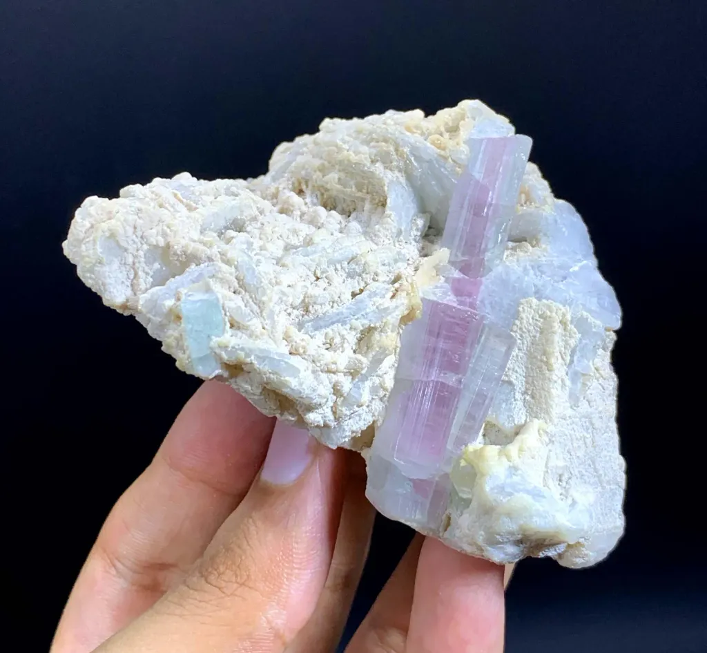 Bicolor Blue-Pink Tourmaline Crystals on Albite from Afghanistan - image 6