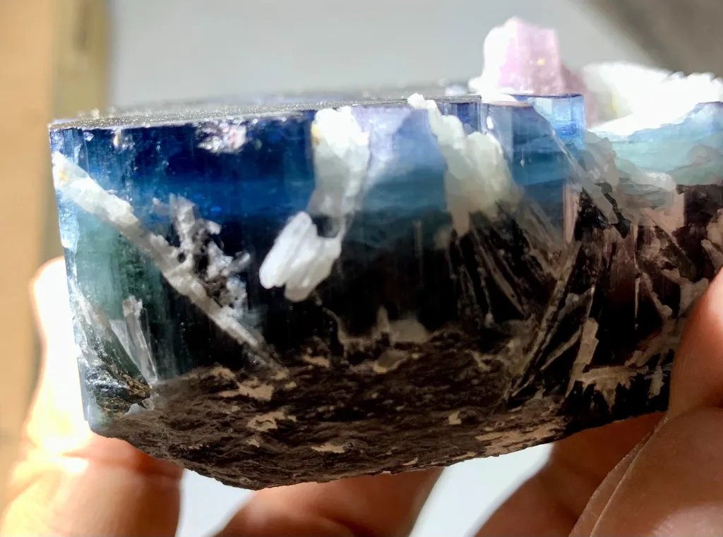 Big Size Blue Cap Tourmaline Crystal combine with pink mica and Albite - image 5