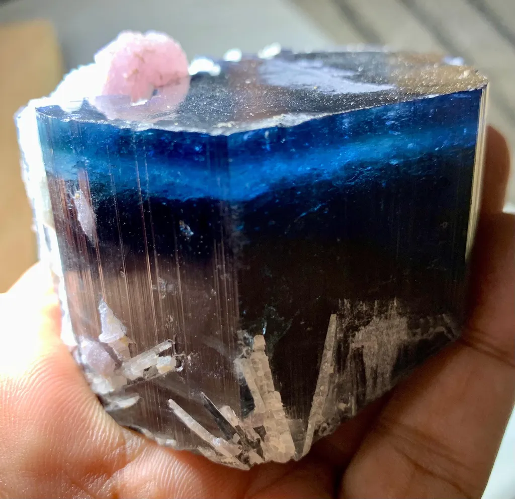 Big Size Blue Cap Tourmaline Crystal combine with pink mica and Albite - image 4