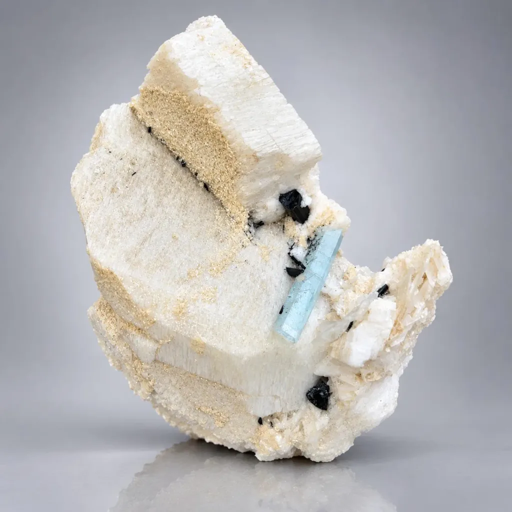 Blue Aquamarine Crystal H Schorl Tourmaline on Feldspar from Pakistan image
