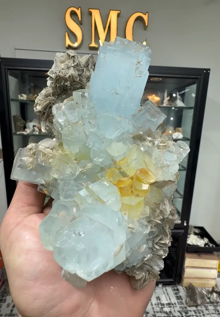Blue Aquamarine Step Terminated Crystals Bunch With Pink Fluorite Crystals & Muscovite  Specimen - image 4