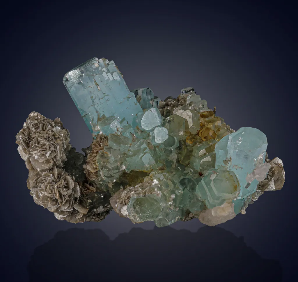 Blue Aquamarine Step Terminated Crystals Bunch With Pink Fluorite Crystals & Muscovite  Specimen image