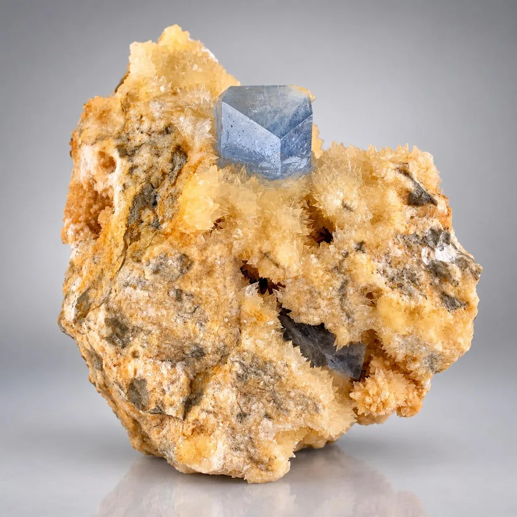 Blue Celestine Crystal on Yellow Calcite from Afghanistan image