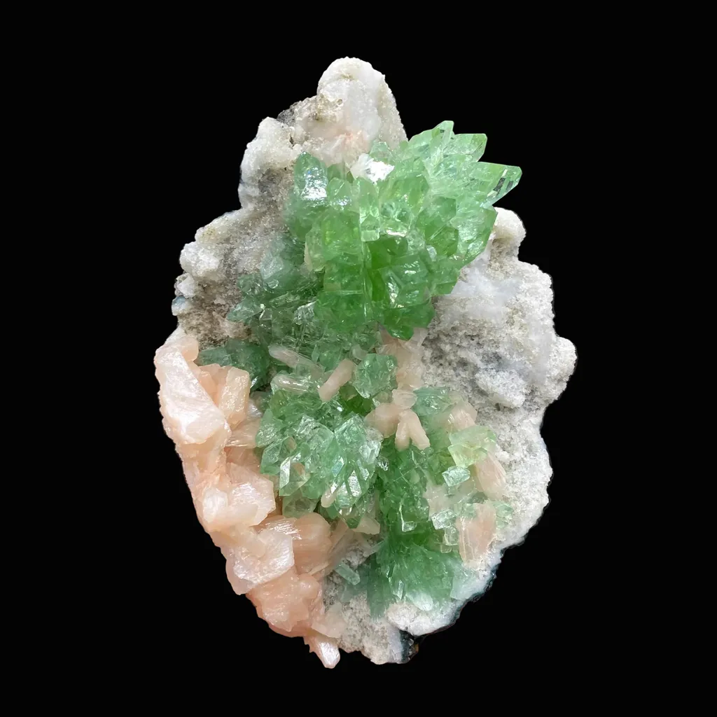 Bright Green Apophyllite Cluster with Stilbite, Natural Mineral Specimen image