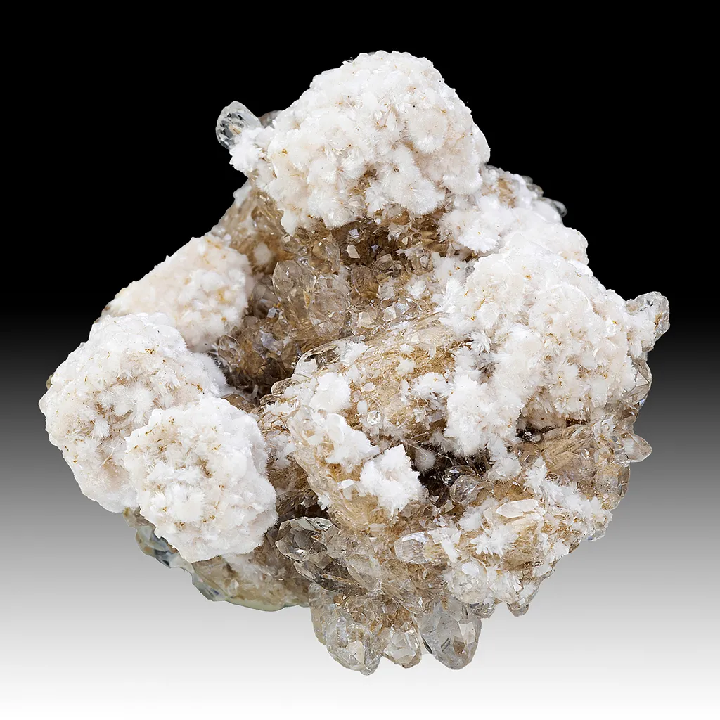 Bultfonteinite with Hydroxylapophyllite, Calcite image