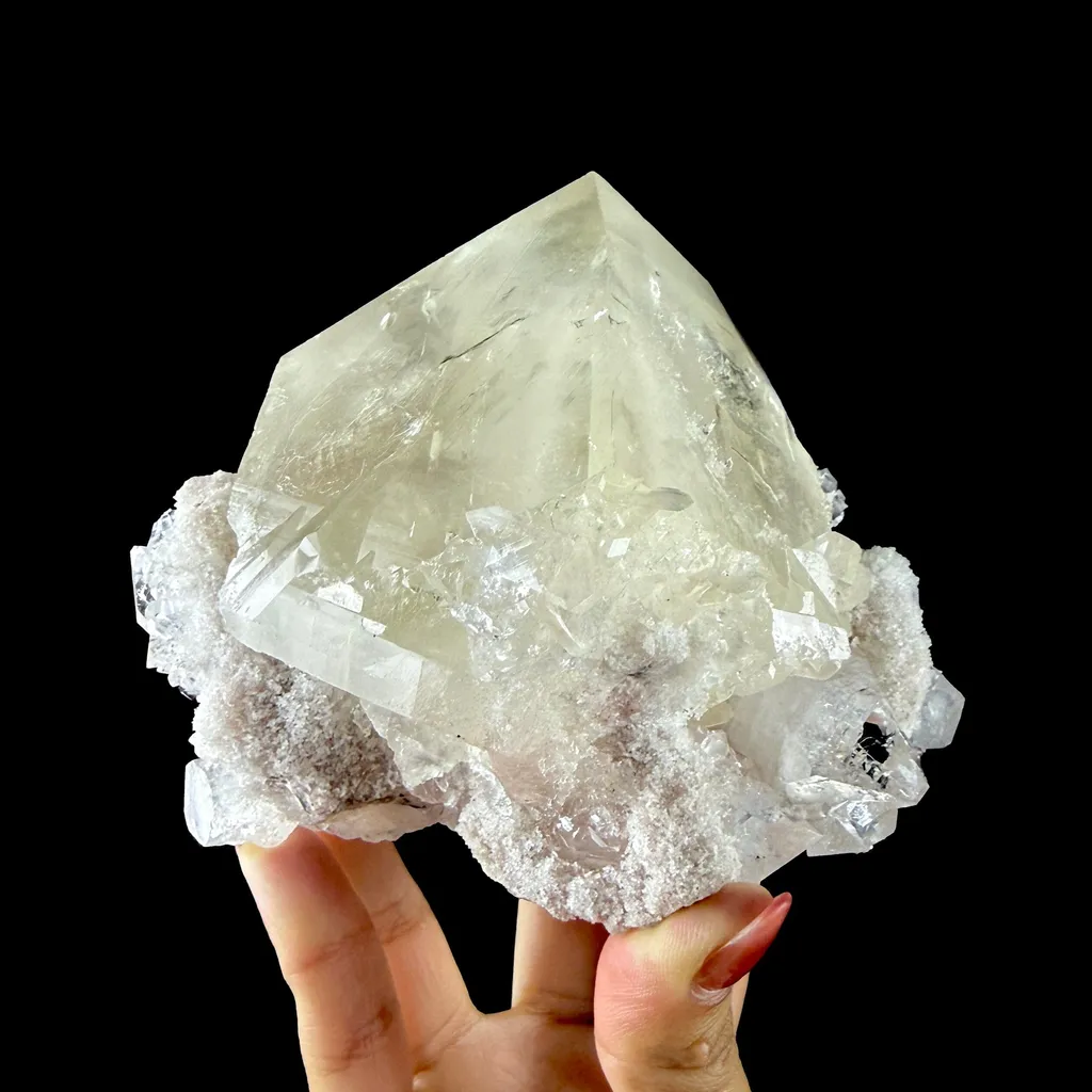 Calcite Cluster with Fluorapophyllite on Shimmering Chalcedony Matrix – Rare Indian Mineral Specimen from Jalgaon DKT130 image