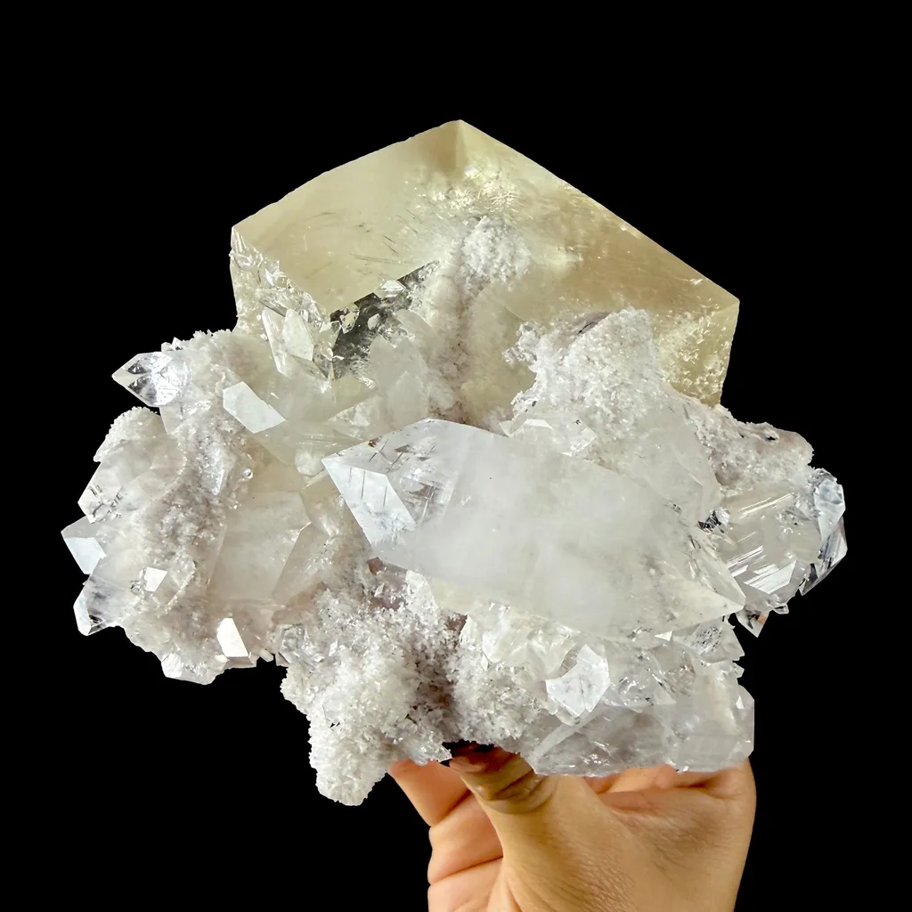 Calcite Cluster with Fluorapophyllite on Shimmering Chalcedony Matrix – Rare Indian Mineral Specimen from Jalgaon DKT130 - image 7